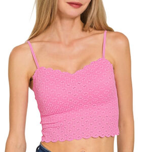 Zenana Seamless Lace Scalloped Crop Top Bralette Bra Pads Candy Pink